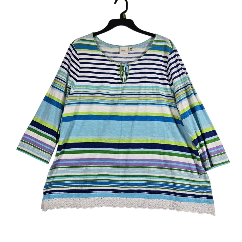 Rafaella Knit Top Womens Petite PXL White Blue Striped 3/4 Sleeve Lace Trim